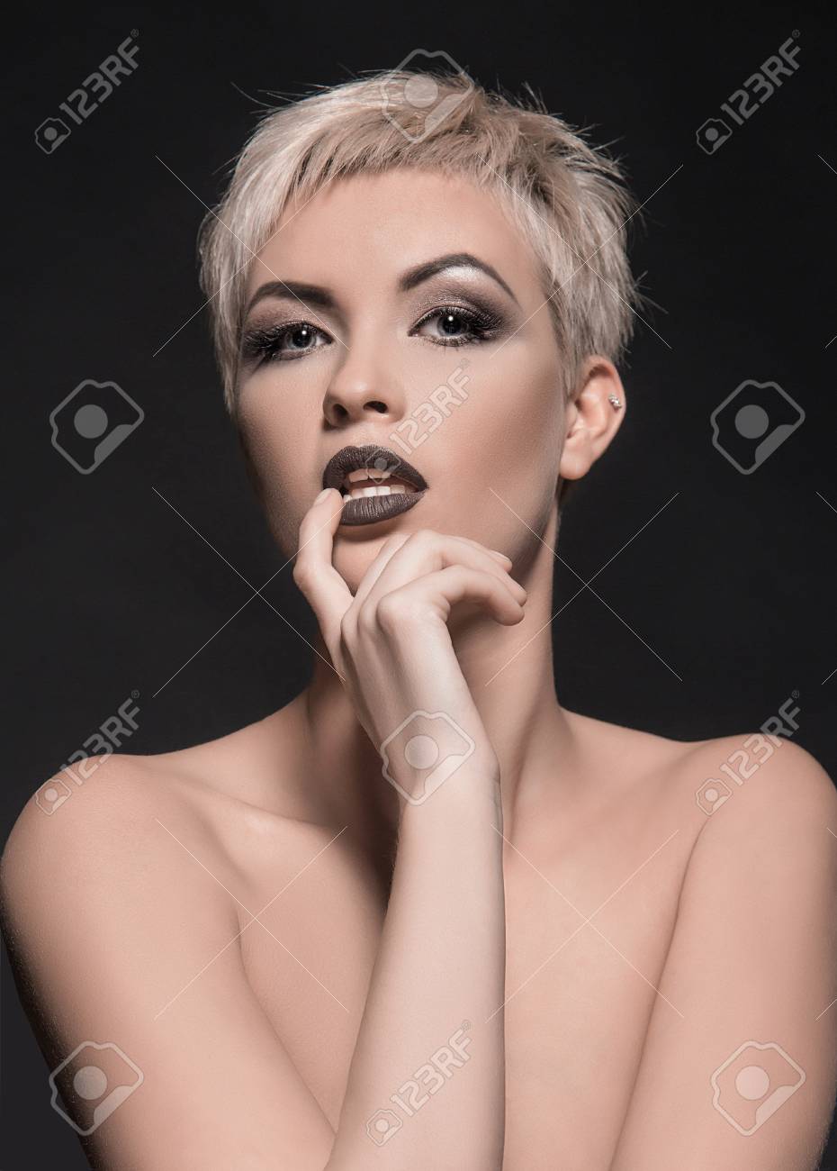 Beautiful Woman With Make Up And Short Hair.naked Sexy Girl Stock Photo,  Picture And Royalty Free Image. Image 78966292.