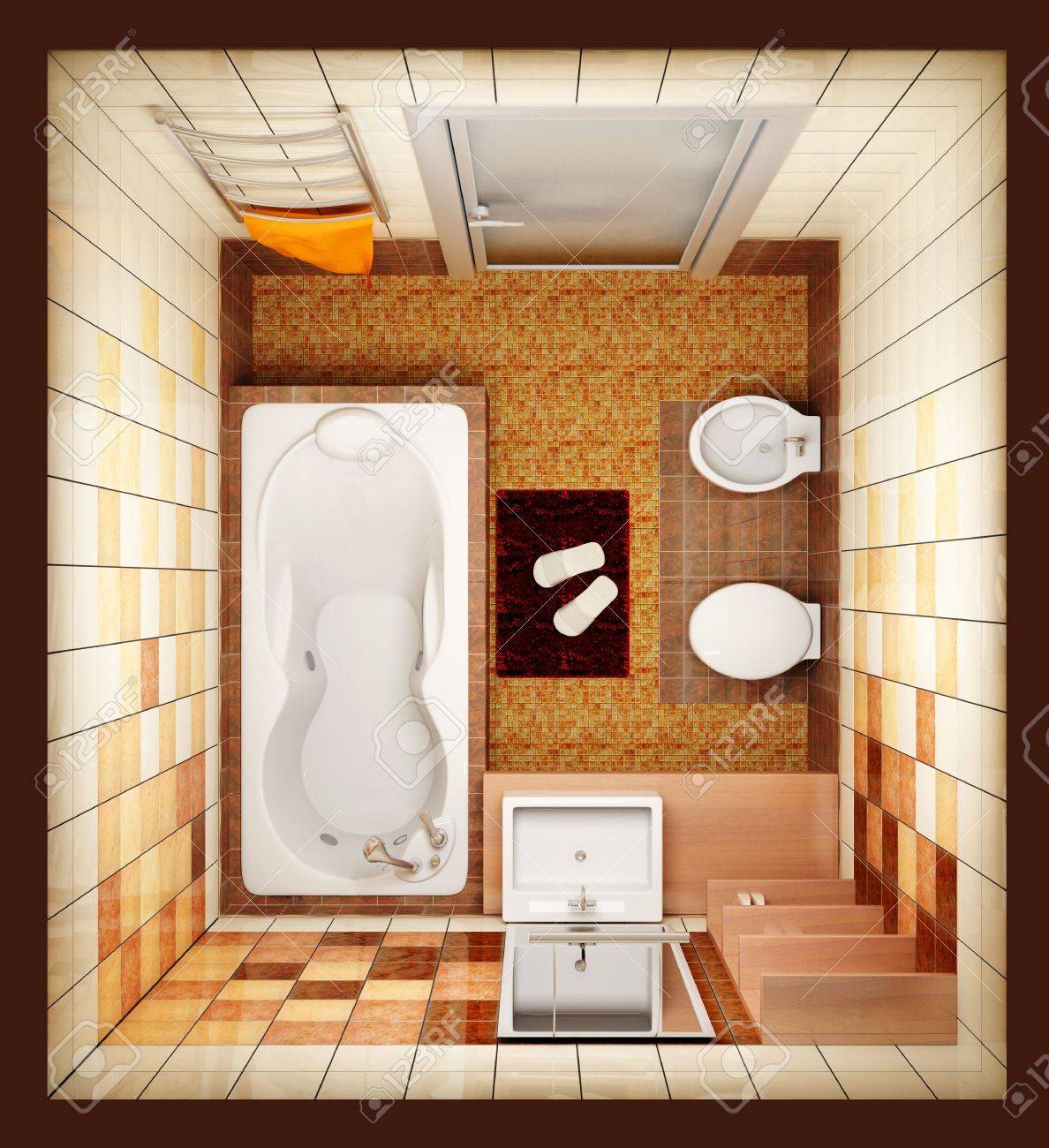 Modern Furniture Top View 3d rendering of the modern bathroom from top view stock photo Modern Furniture Top View 3d rendering of the modern bathroom from top view stock photo