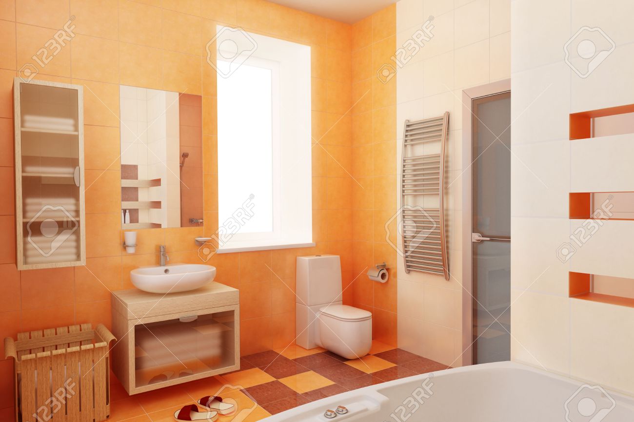 modern orange bathroom interior 3d stock photo, picture and modern orange bathroom interior 3d stock photo, picture and