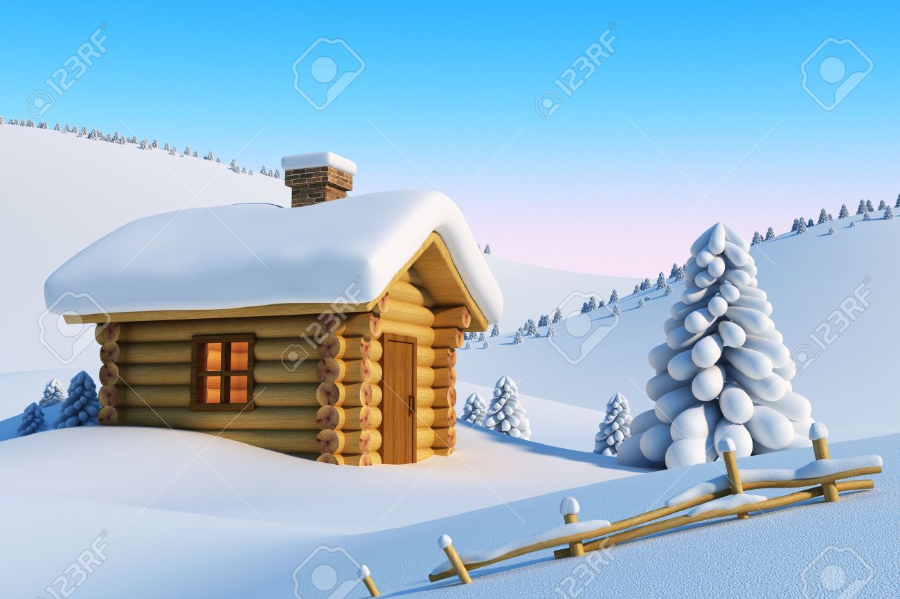 ログ ハウスと雪のドリフトの山の風景のモミの木 の写真素材 画像素材 Image