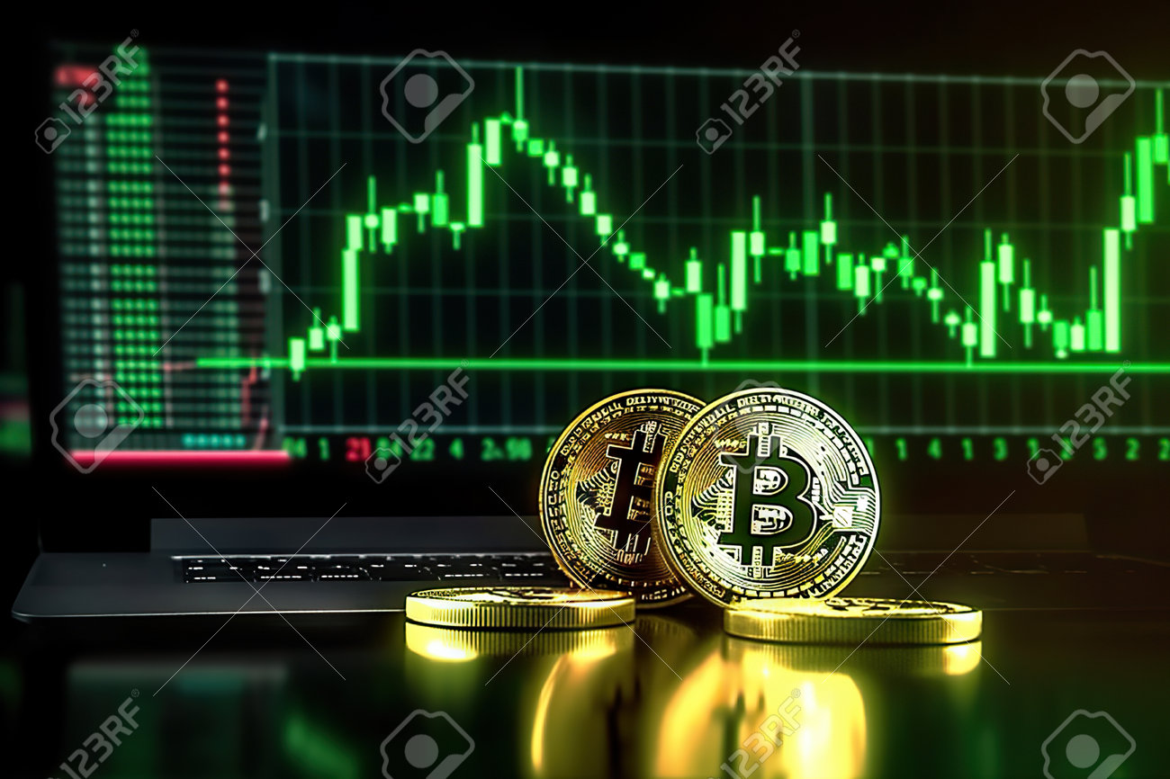 통화 거래 생성 AI를 위해 컴퓨터 화면에서 녹색 그래프를 탐색하는 비트코인 암호화폐 로열티 무료 사진, 그림, 이미지 그리고  스톡포토그래피. Image 204871933