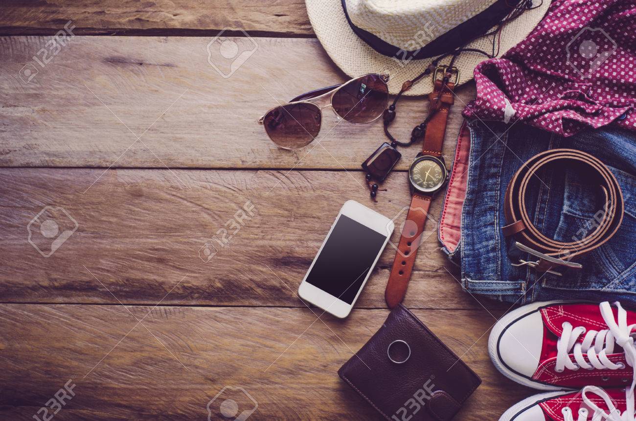 Clothing and accessories for womens on wood floor - 55861655 Clothing and accessories for womens on wood floor - 55861655