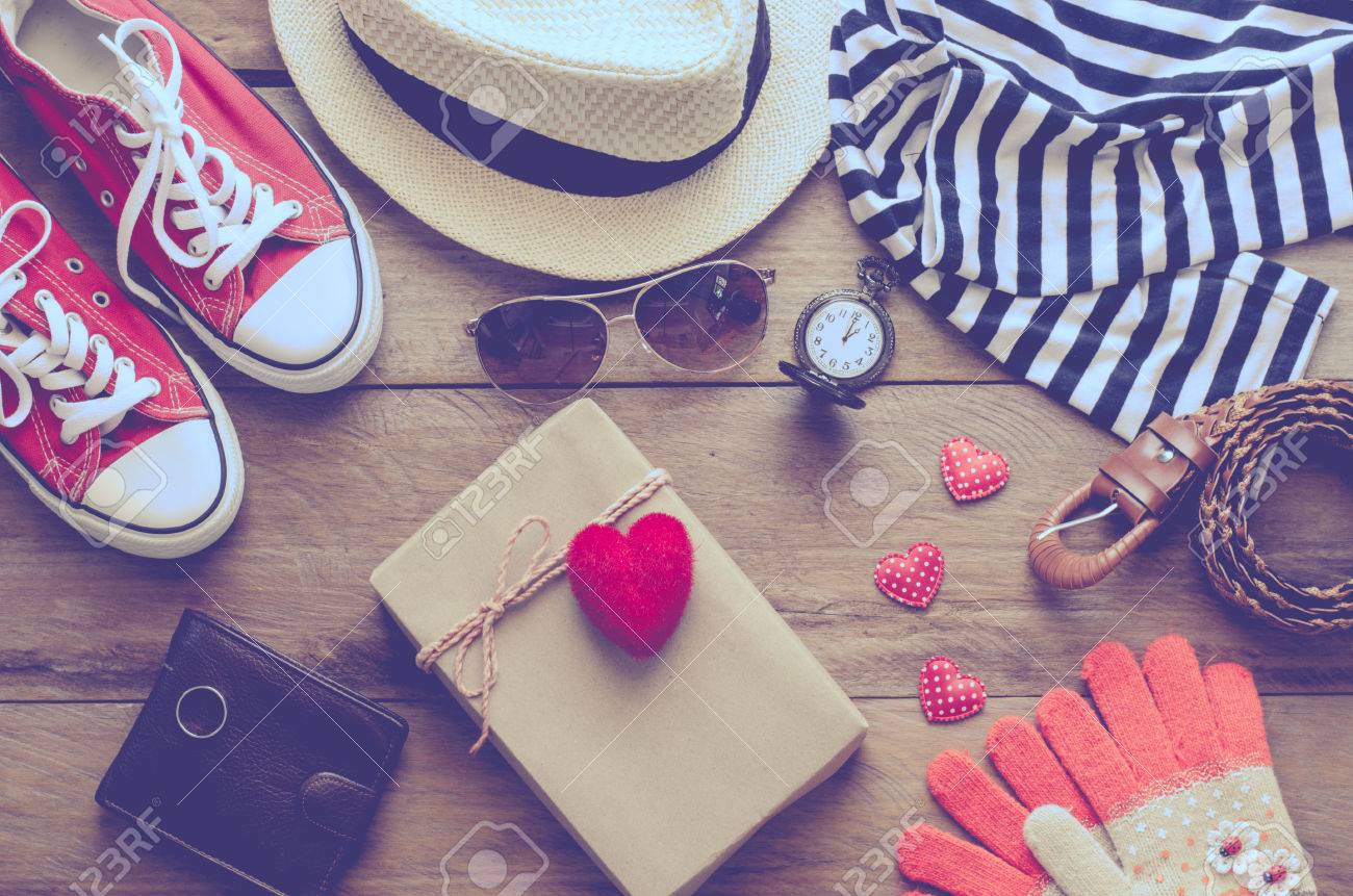 Clothing accessories for womens and gift box red heart with love on wood floor - 55861659 Clothing accessories for womens and gift box red heart with love on wood floor - 55861659