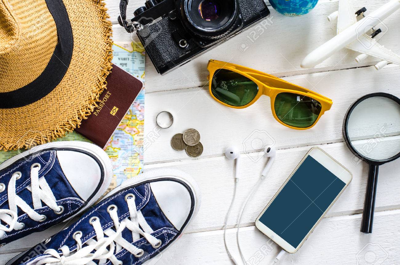 Travel accessories and costume on white background - 63312541 Travel accessories and costume on white background - 63312541