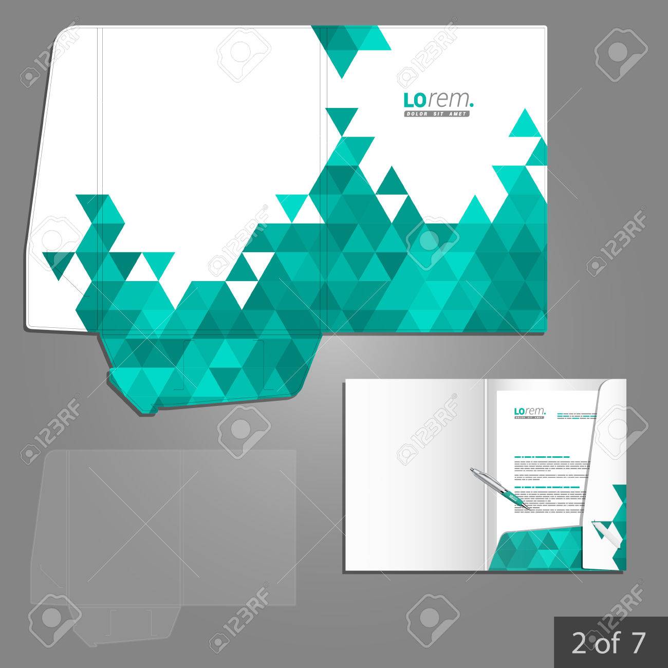white folder template design for company with green triangles folder template
