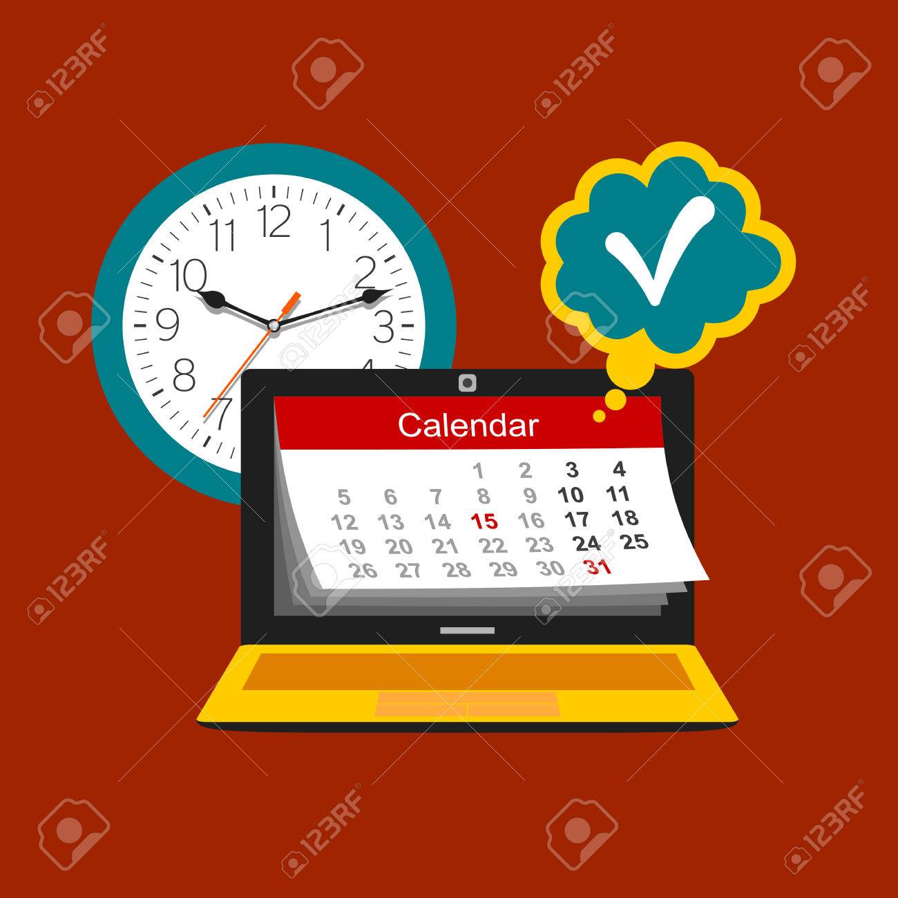時間管理の概念 カレンダー 時計 ノート パソコン カラー フラット設計図のイラスト素材 ベクタ Image 時間管理の概念 カレンダー 時計 ノート パソコン カラー フラット設計図のイラスト素材 ベクタ Image