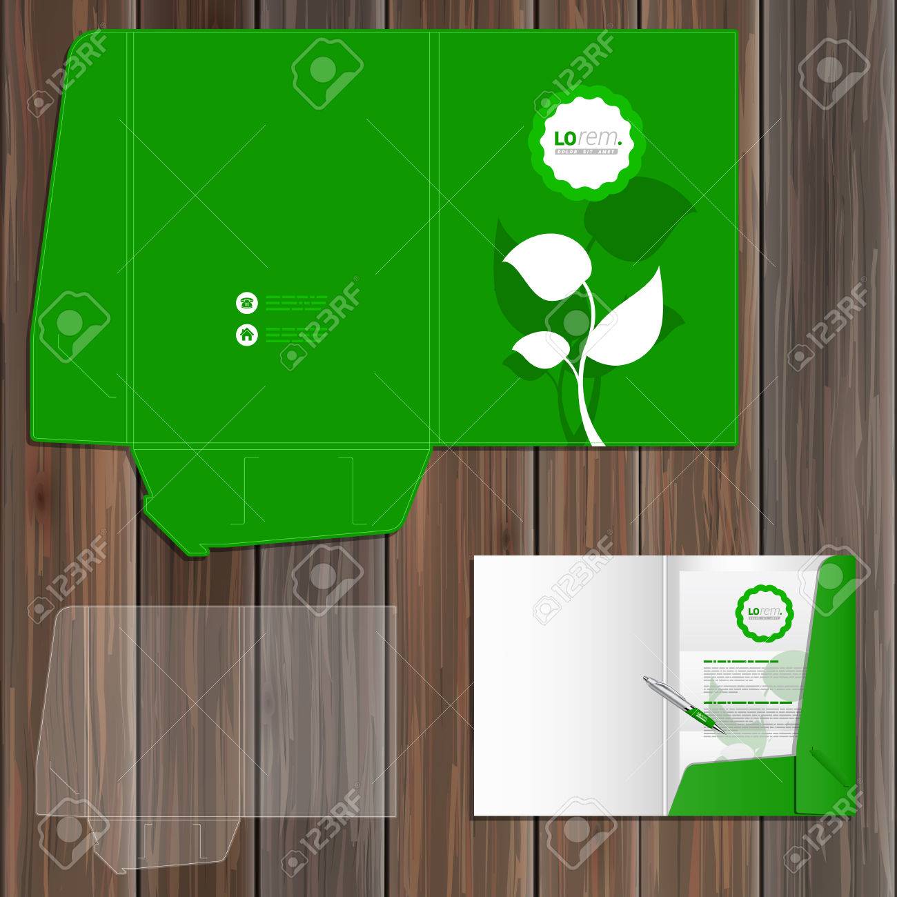 floral green folder template design for corporate identity with