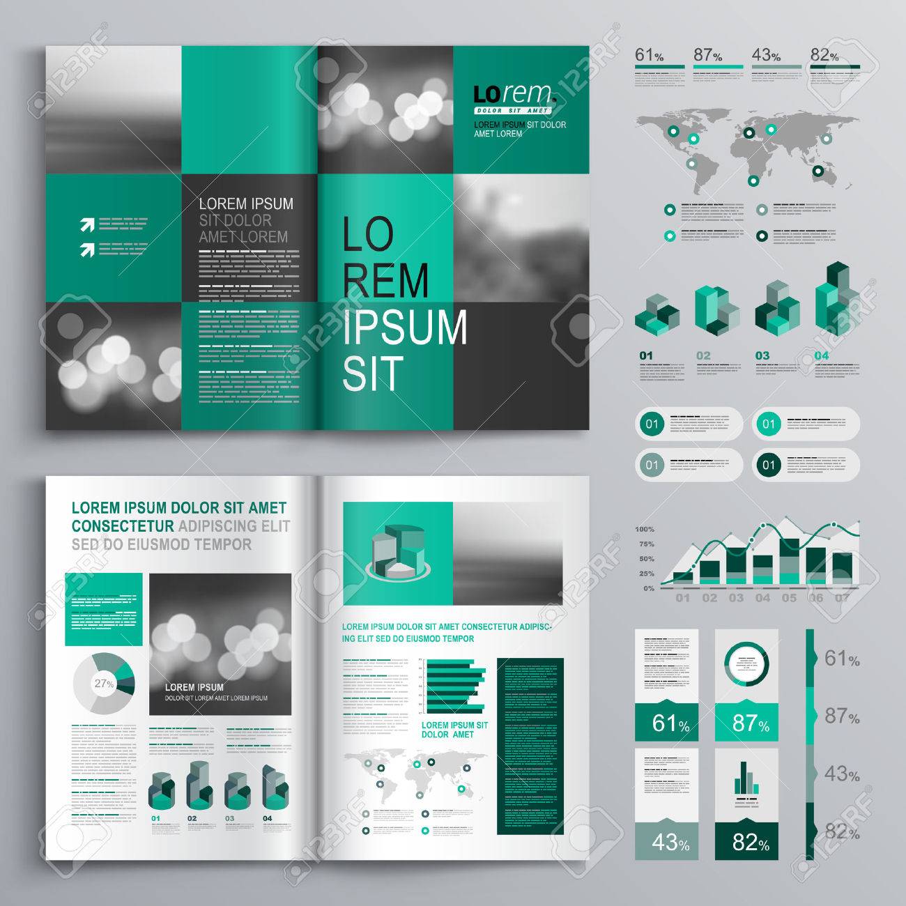 checkered green brochure template design with square shapes