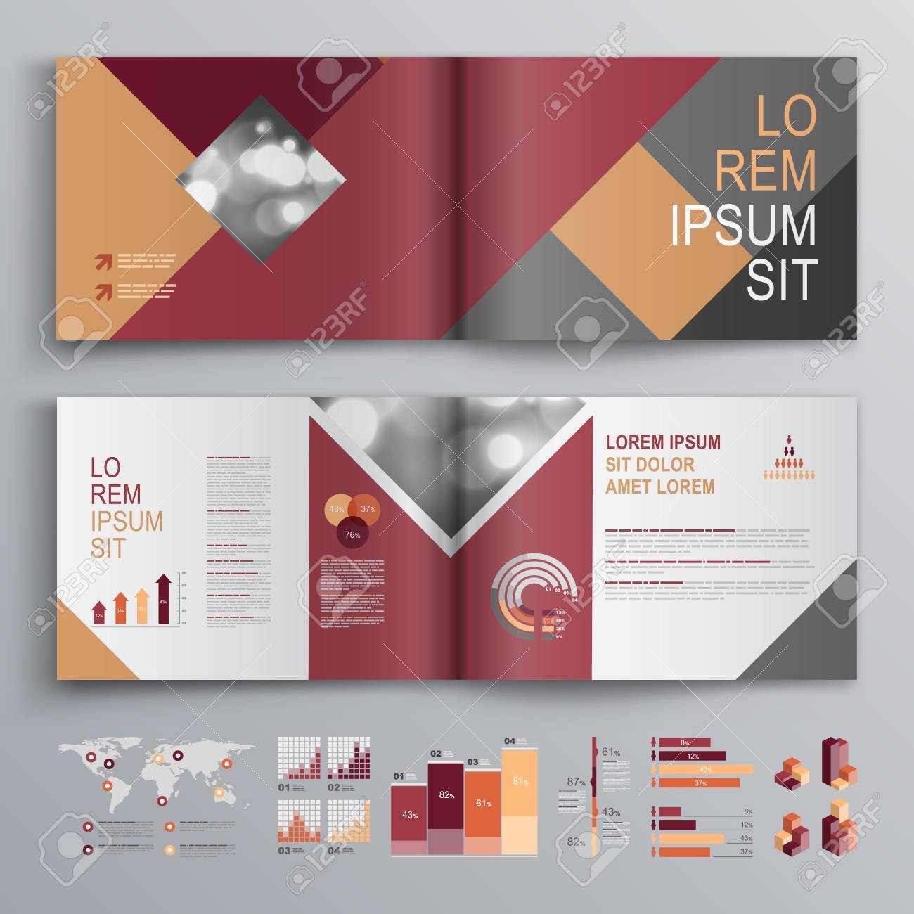 fashion brochure template design with red and gray square shapes cover layout and infographics stock - Fashion Brochure Template fashion brochure template design with red and gray square shapes cover layout and infographics stock - Fashion Brochure Template