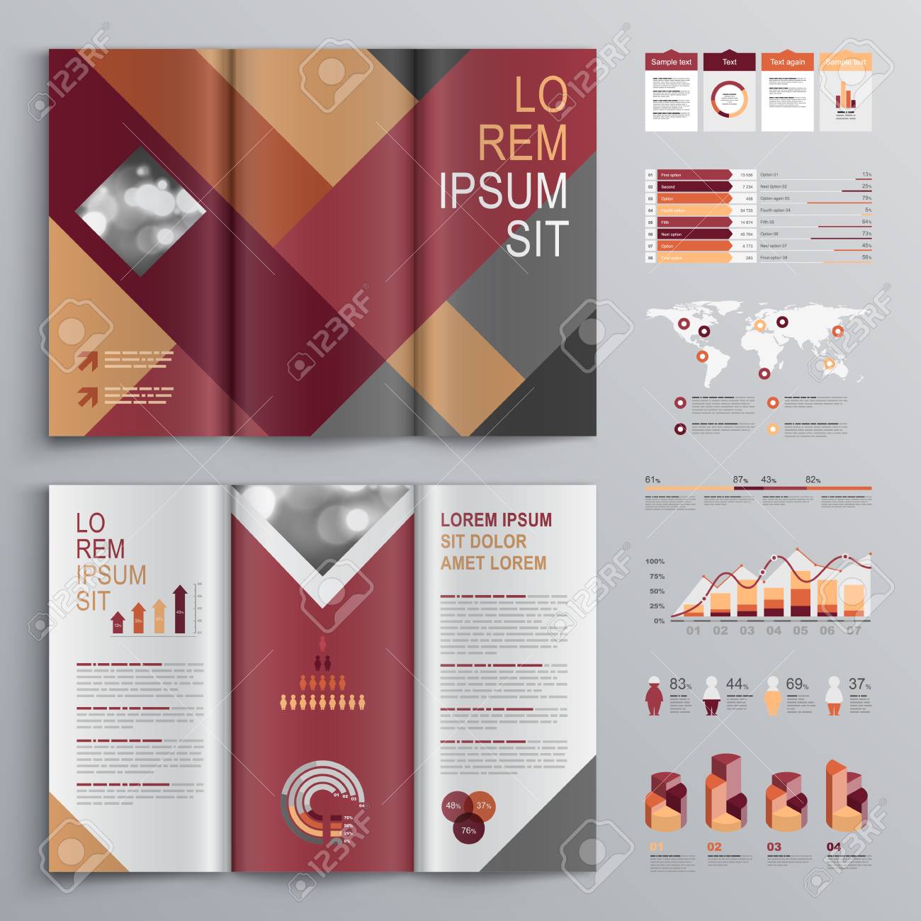 fashion brochure template design with red and gray square shapes cover layout and infographics stock - Fashion Brochure Template fashion brochure template design with red and gray square shapes cover layout and infographics stock - Fashion Brochure Template