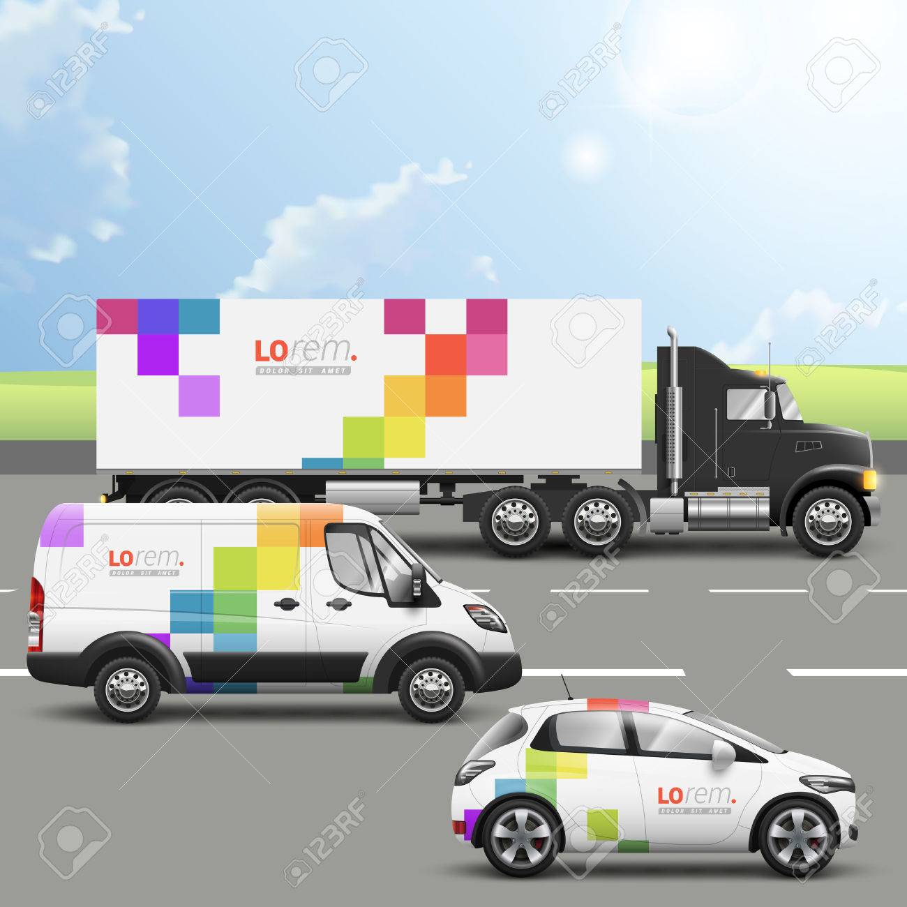 white transport advertising design with color square pattern