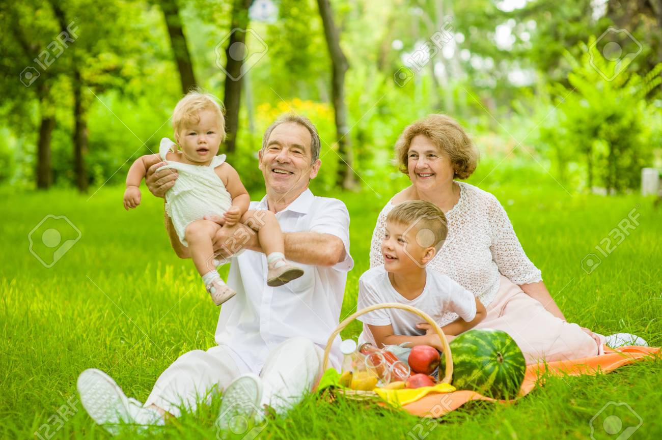 Pique Nique En Famille Heureuse Le Grand Pere Leve Bebe Dans L Air Dans La Nature Banque D Images Et Photos Libres De Droits Image