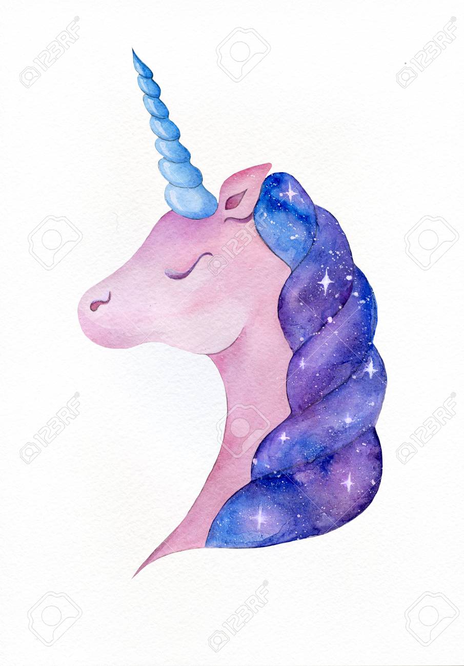かわいいスペースピンクのユニコーン トレンディな漫画の馬 ホワイトペーパーの背景に分離された水彩ユニコーン 素晴らしい 魔法の動物 印刷 壁紙 ポスター ギフト の写真素材 画像素材 Image