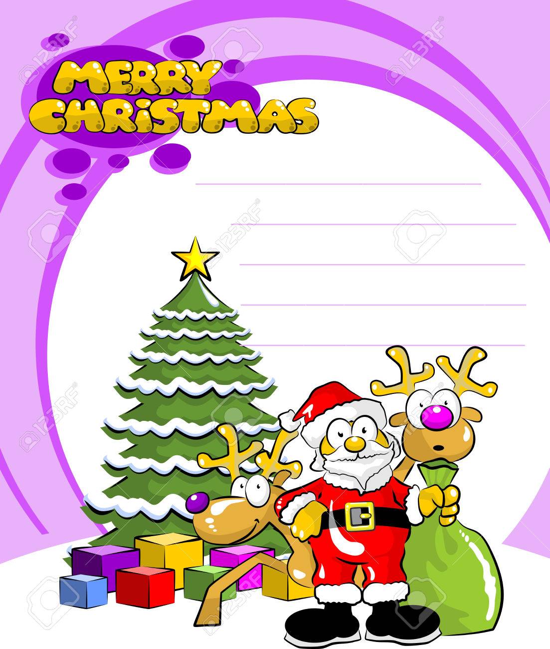 サンタ クロースと面白いイラスト ギフト袋と 2 つのトナカイ クリスマス ツリーの前に立っています のイラスト素材 ベクタ Image