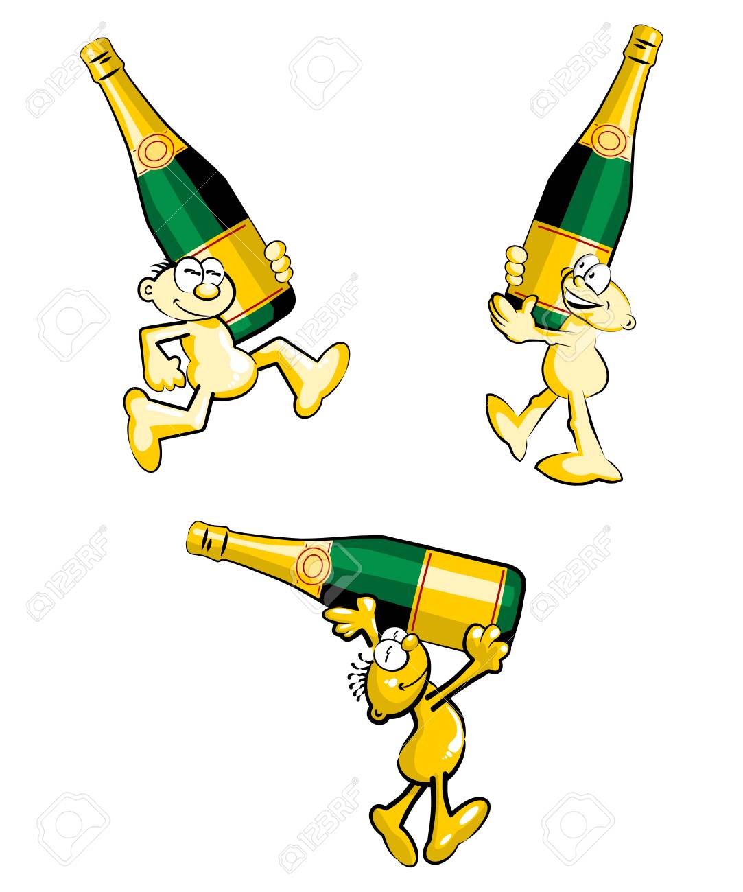 Lustige Postkarte Zum Festhalten Von Ferien Mann Der Eine Flasche Champagner Tragt Vier Karikaturen Getrennt Auf Weissem Hintergrund Lizenzfrei Nutzbare Vektorgrafiken Clip Arts Illustrationen Image