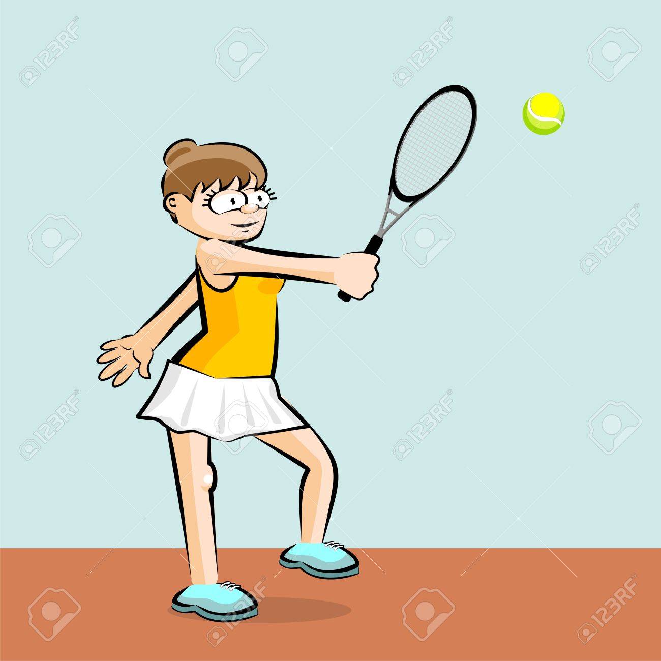 Yelloww 青い背景にテニスの女の子 女性のテニスについて概念図 のイラスト素材 ベクタ Image