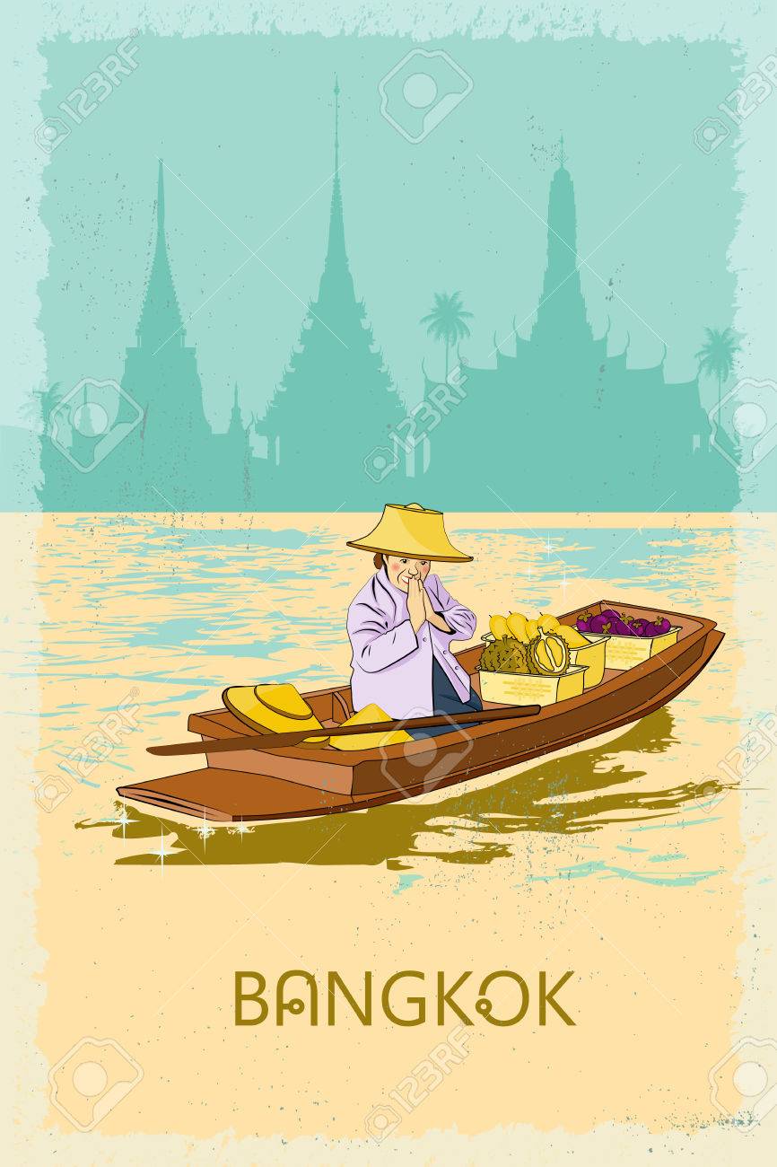バンコクの運河のボートに女性ベンダーは タイ 微笑みの国に観光客を歓迎します レトロなポスター のイラスト素材 ベクタ Image