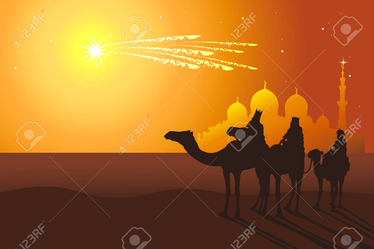 Three Kings: Melchior, Caspar, Balthazar follow the comet from orient vector illustration. Reyes Magos de Oriente holiday camel ride. - 92541901 Three Kings: Melchior, Caspar, Balthazar follow the comet from orient vector illustration. Reyes Magos de Oriente holiday camel ride. - 92541901
