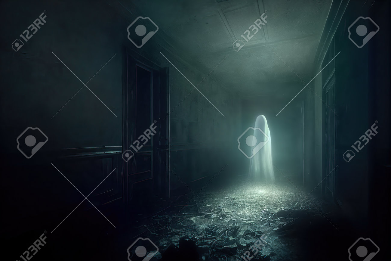 White Spooky Ghostly Figure Flying At The End Of A Dark Corridor.