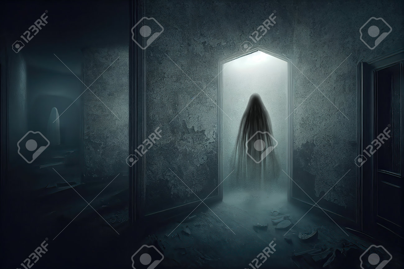 Creepy Ghost Figure In Mysterious Glowing Doorway, Abandoned.