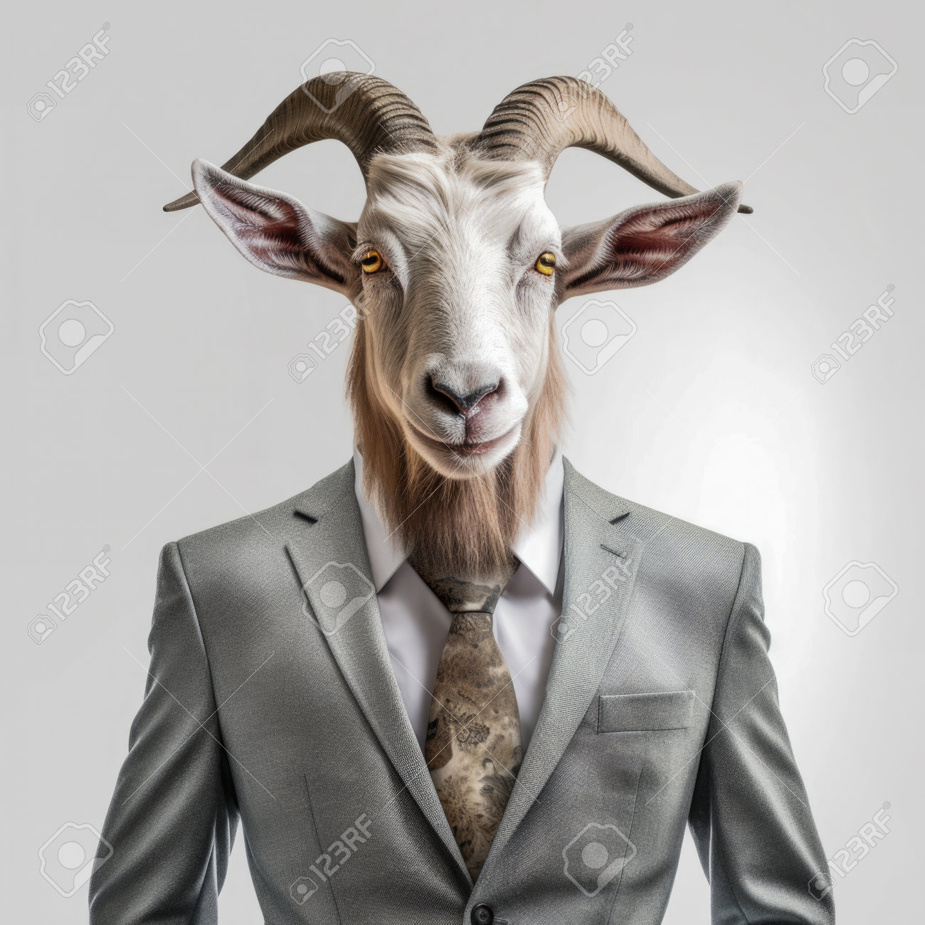 Anthropomorphic White Male Goat Dressed In A Business Suit, In The Style Of  Corporate Photography Over Grey Background. Realistic Generative AI  Illustration Stock Photo, Picture and Royalty Free Image. Image 205530862.