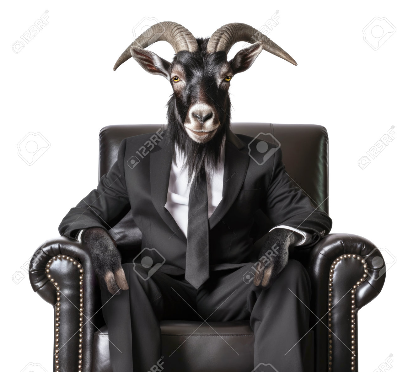 Anthropomorphic Black Goat In Business Suit Sitting In Leather Armchair  Looking Important, Realistic Generative AI Illustration Stock Photo,  Picture and Royalty Free Image. Image 206247372.