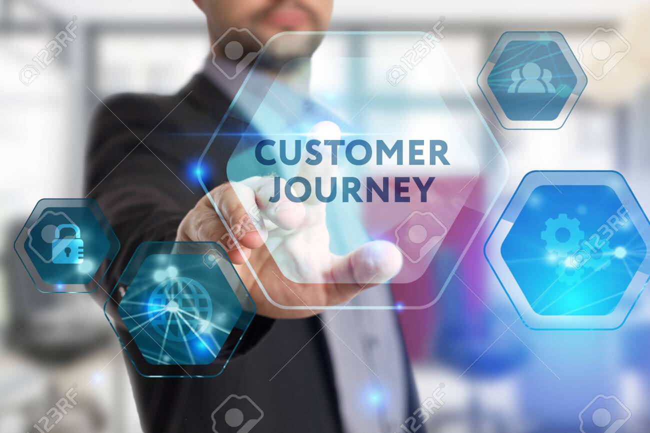The concept of business, technology, the Internet and the network. A young entrepreneur working on a virtual screen of the future and sees the inscription: Customer journey - 125508107 The concept of business, technology, the Internet and the network. A young entrepreneur working on a virtual screen of the future and sees the inscription: Customer journey - 125508107
