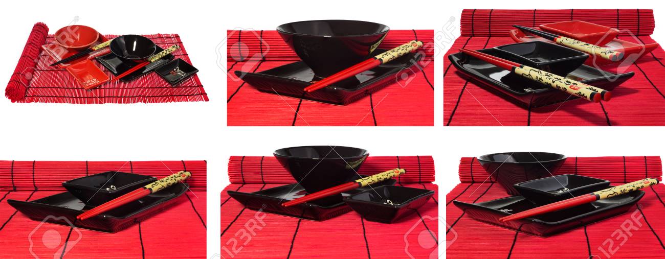 Set Rosso E Nero Di Piatti Per Sushi Sul Tappeto Rosso In Legno Il Set Di Sushi è Costituito Da Piatti Piattini Ciotole E Bacchette Stoviglie Su