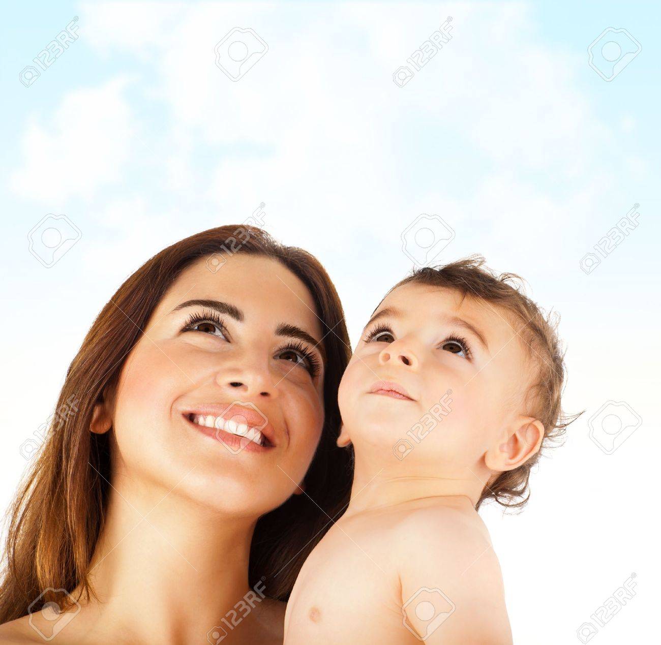 Happy Mother Holding Baby Boy Cute Kid Smiling Faces Looking