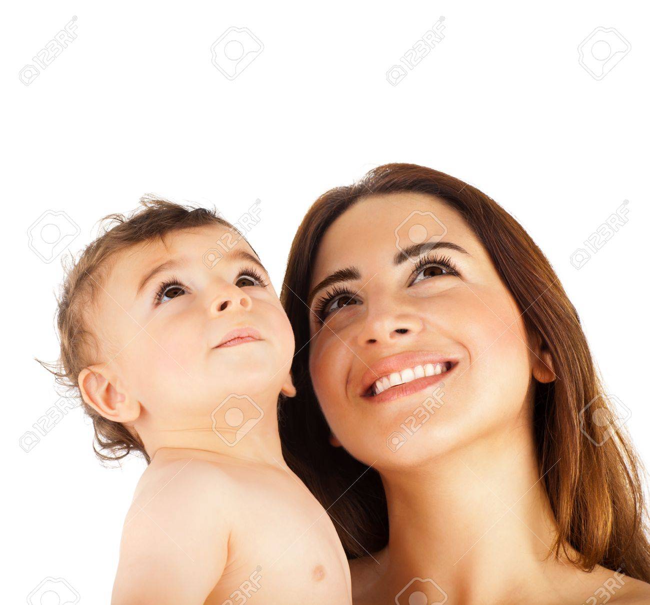 Happy Mother Holding Baby Boy Cute Smiling Faces Looking Up