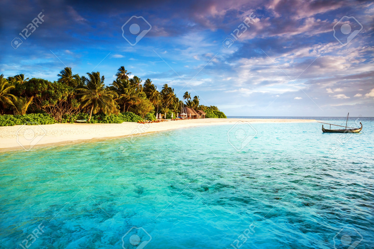 Beautiful Tropical Island Summer Adventure Fishing Boat In Transparent Blue Ocean Fresh Green Beautiful Tropical Island Summer Adventure Fishing Boat In Transparent Blue Ocean Fresh Green