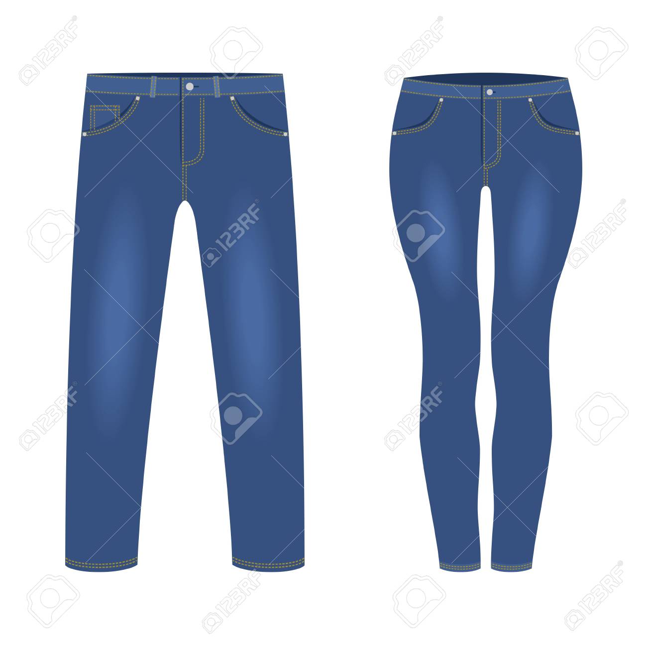 Men S And Women S Dark Blue Denim Jeans Pants Isolated On White Background Trendy Fashion Denim Casual Clothes Jeans Outfit Garments Models Vector Illustration Royalty Free Cliparts Vectors And Stock Illustration Image