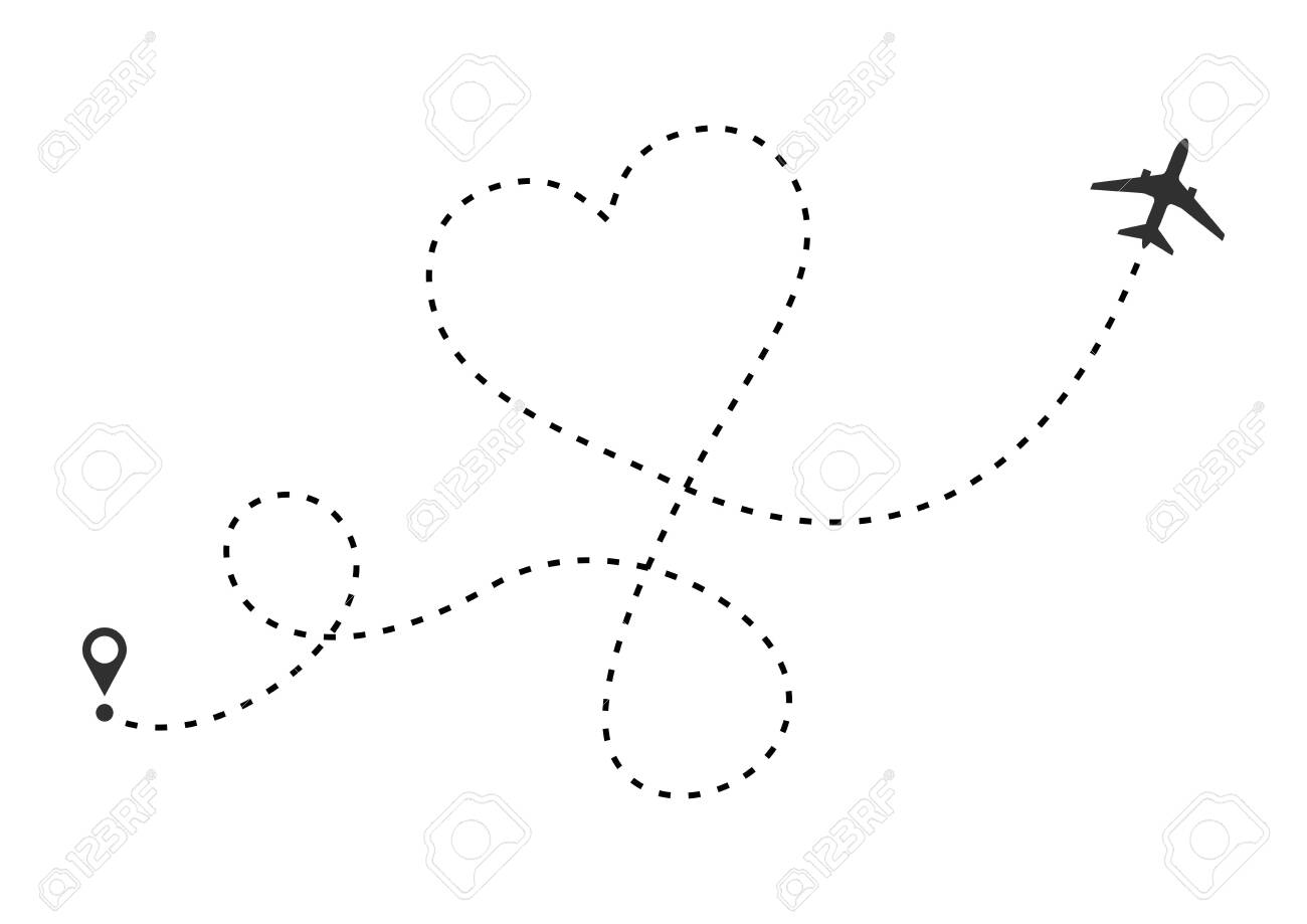 Love airplane route. Heart dashed line trace and plane routes isolated on white background. Romantic wedding travel, Honeymoon trip. Hearted plane path drawing. Vector illustration - 124158068 Love airplane route. Heart dashed line trace and plane routes isolated on white background. Romantic wedding travel, Honeymoon trip. Hearted plane path drawing. Vector illustration - 124158068