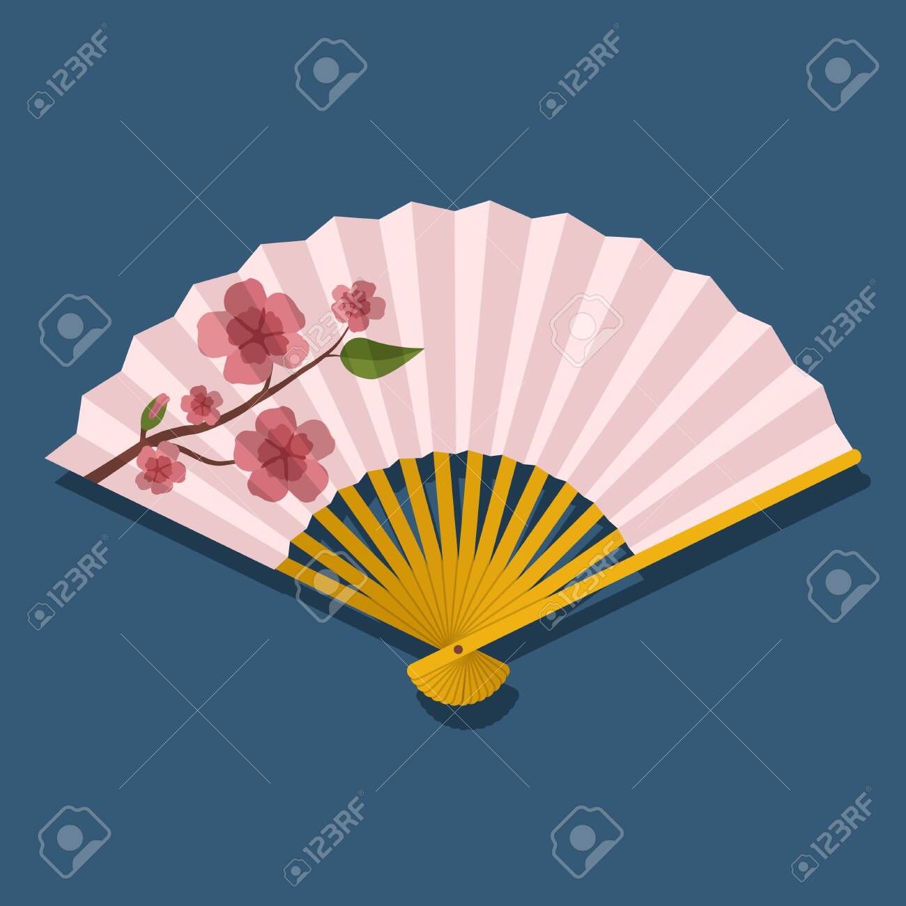 Hand Fan With Sakura Branch With Flowers Isolated On Blue Background,  Japanese And Chinese Folding Fan, Traditional Asian Paper Geisha Fan.  Vector Illustration Royalty Free SVG, Cliparts, Vectors, and Stock  Illustration. Image, image size:1300x1300