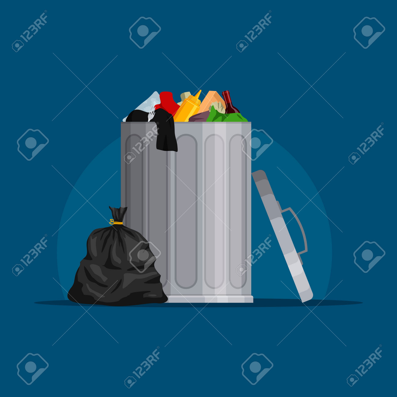 Steel garbage bin full of trash. Trash can with rubbish isolated on blue background. Wheelie bin and trash bag. Scene with pile of waste, Vector illustration - 162713208 Steel garbage bin full of trash. Trash can with rubbish isolated on blue background. Wheelie bin and trash bag. Scene with pile of waste, Vector illustration - 162713208