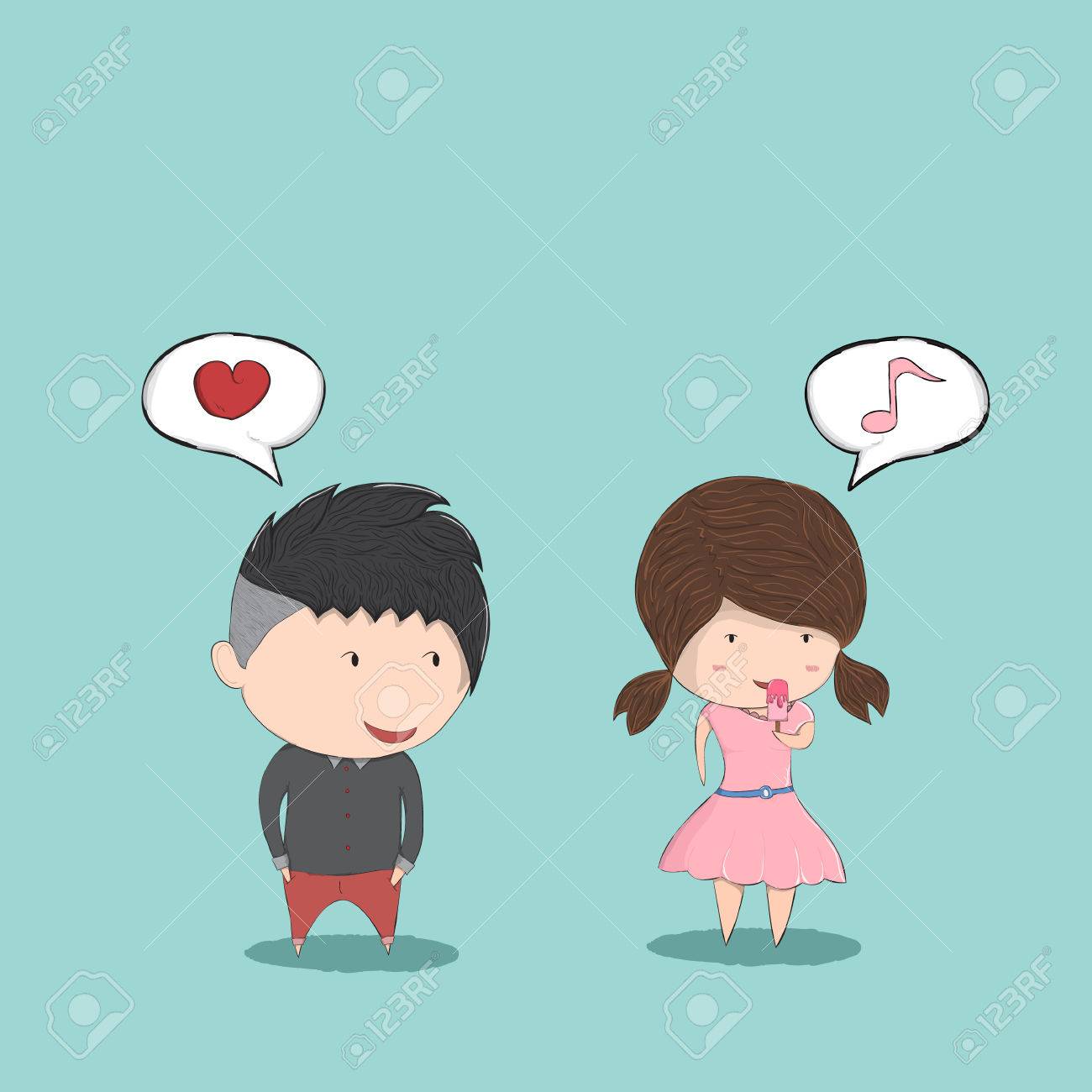 Cute Cartoon Boy And Girl Couple In Love And Secretly Like, Cute  Valentine's Day Card, Drawing By Hand Vector And Digital Illustration  Created Without Reference Image. Royalty Free SVG, Cliparts, Vectors, and, image size:1300x1300