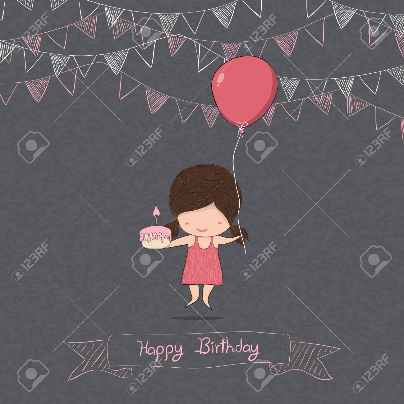 Fille Avec Le Petit Gateau D Anniversaire Tableau Noir Fond Dessin De Vecteur De La Main Clip Art Libres De Droits Vecteurs Et Illustration Image