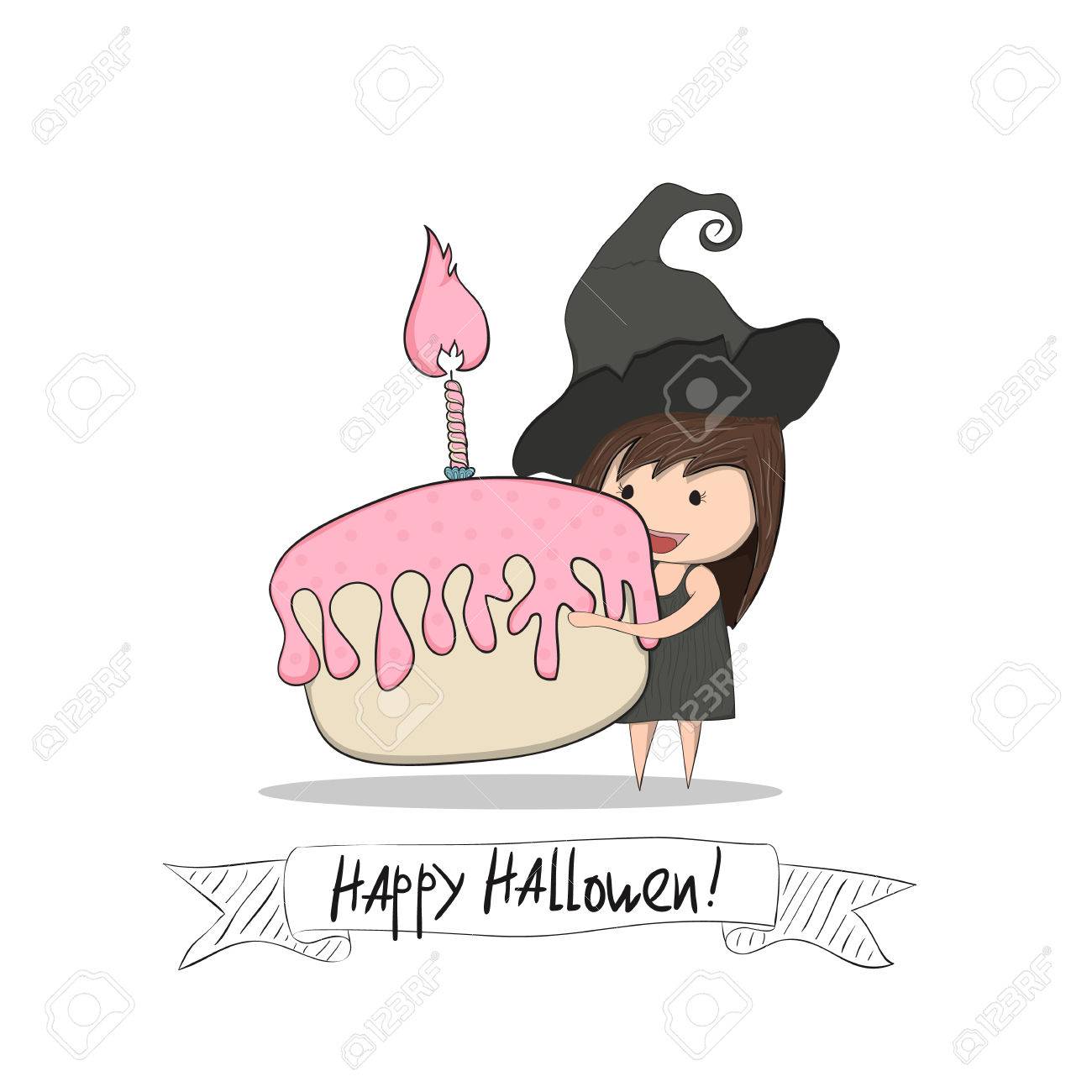 Cartoon Fille Sorciere Tenant Petit Gateau Halloween Dessin De Vecteur De La Main Clip Art Libres De Droits Vecteurs Et Illustration Image