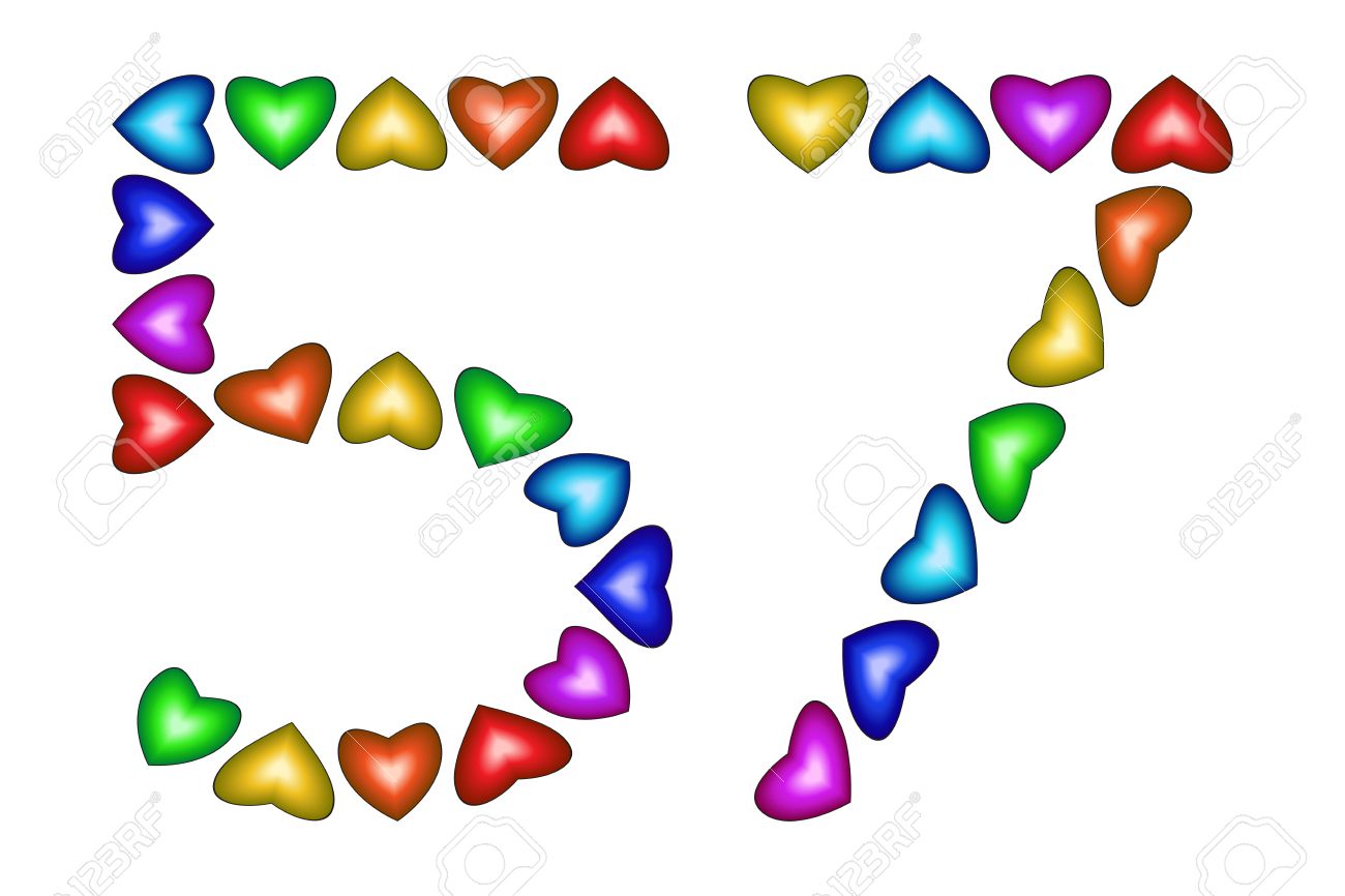 Numero 57 De Coeurs Colores Sur Blanc Symbole Pour Joyeux Anniversaire Evenement Invitation Carte De Voeux Prix Ceremonie Signe D Anniversaire De Vacances Icone Multicolore Cinquante Sept Couleurs De L Arc En Ciel Vecteur Clip Art Libres