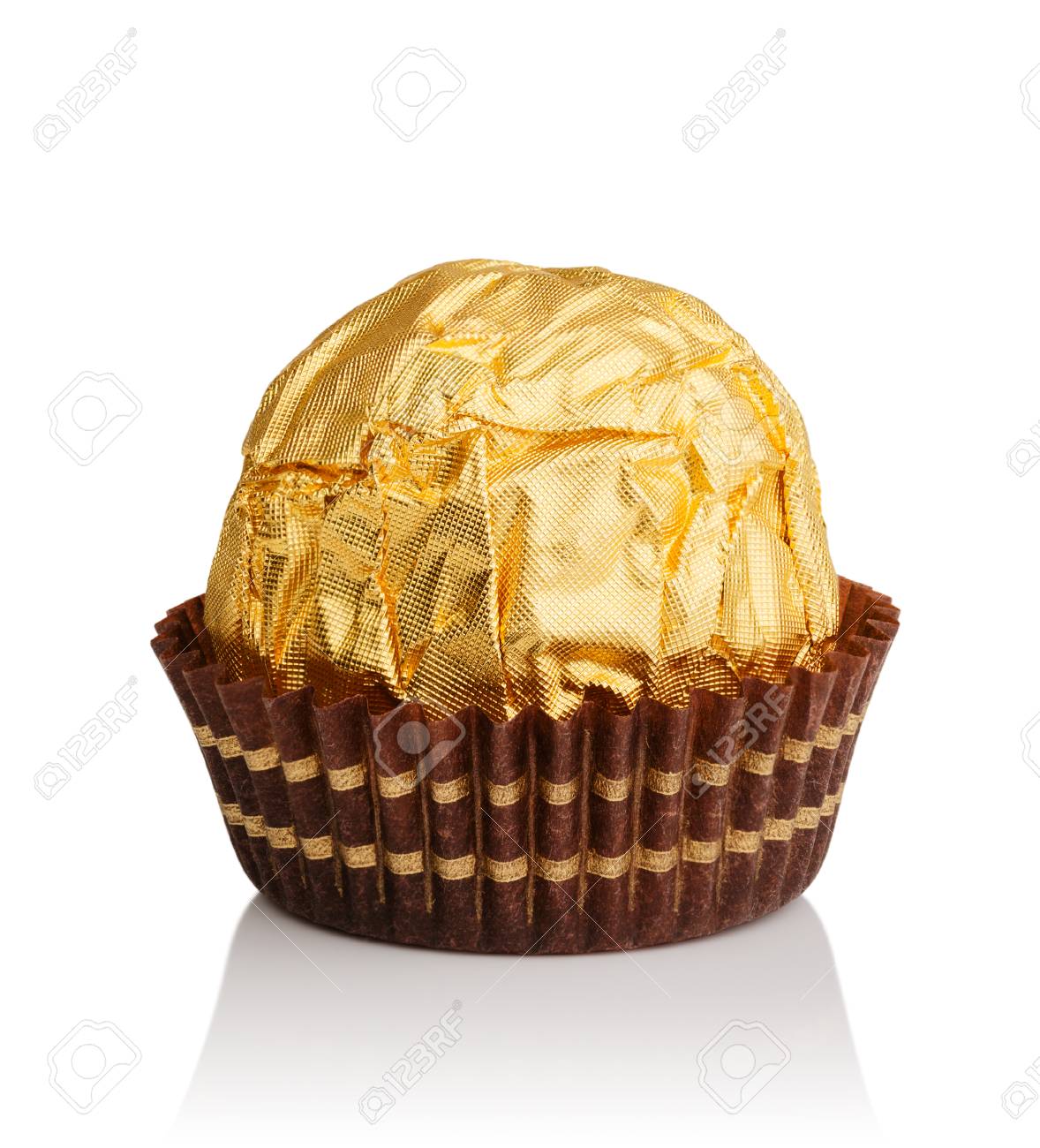 Box Of Round Candies Wrapped Into Golden Foil. One Chocolate Is