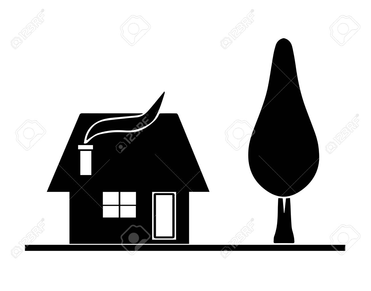 black house silhouette vector with tree garden isolated on white