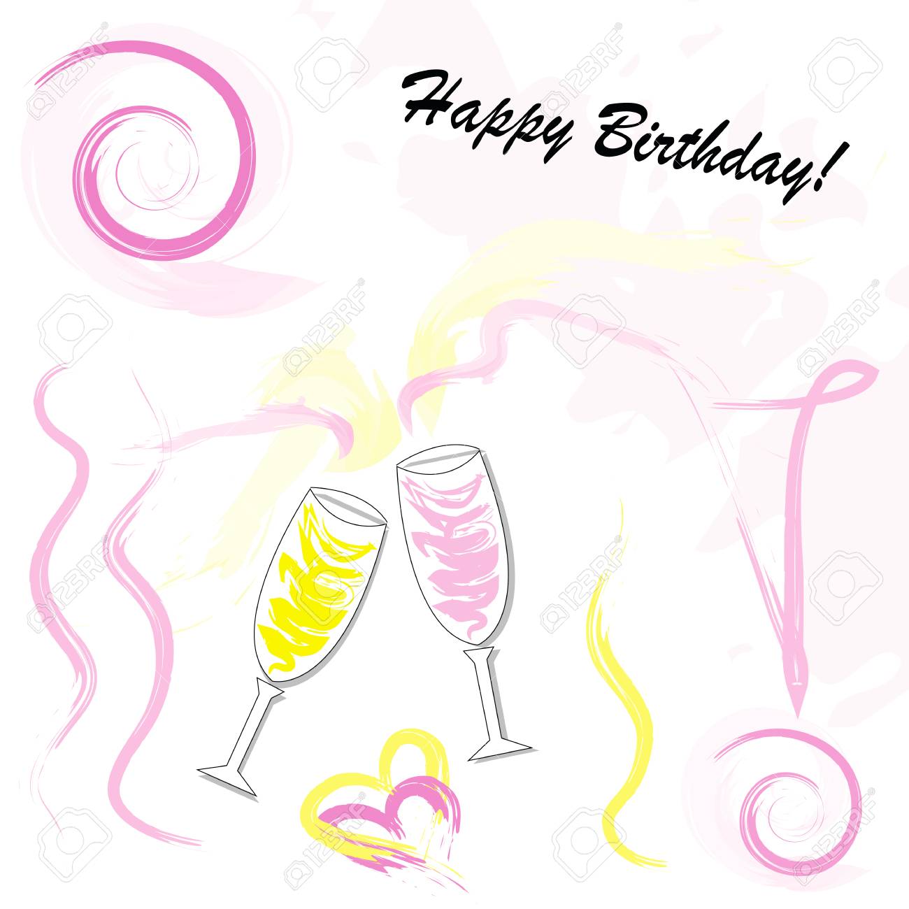 Vecteur De Carte De Joyeux Anniversaire Dessine Main Avec Des Verres De Champagne En Couleurs Roses Et Jaunes Clip Art Libres De Droits Vecteurs Et Illustration Image