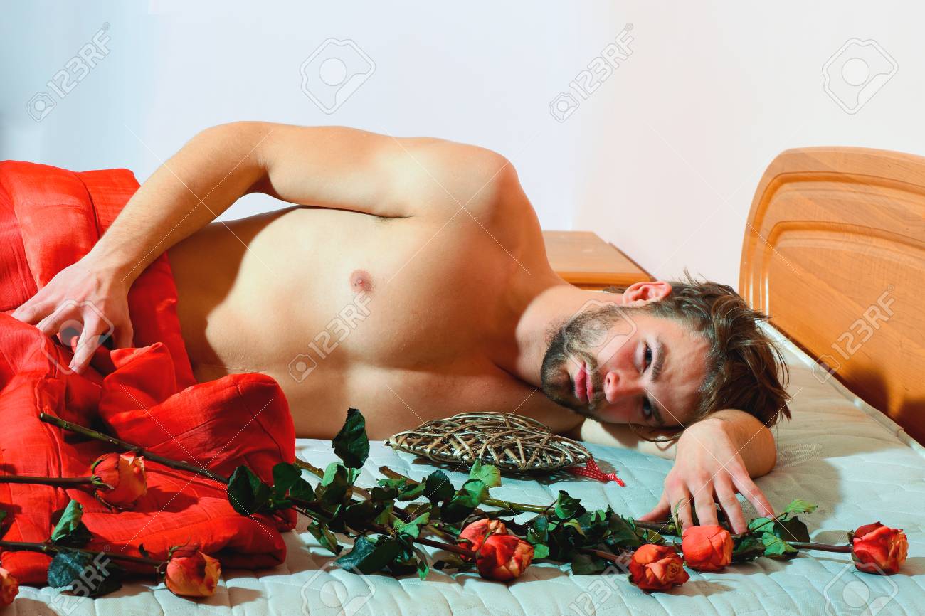 Joven Guapo Barbudo Hombre Atlético Macho Con Barba Elegante Acostado  Desnudo En La Cama Bajo Una Manta Roja Alrededor De Rosas Naranjas Y  Corazón Gris Decorativo San Valentín En El Fondo De