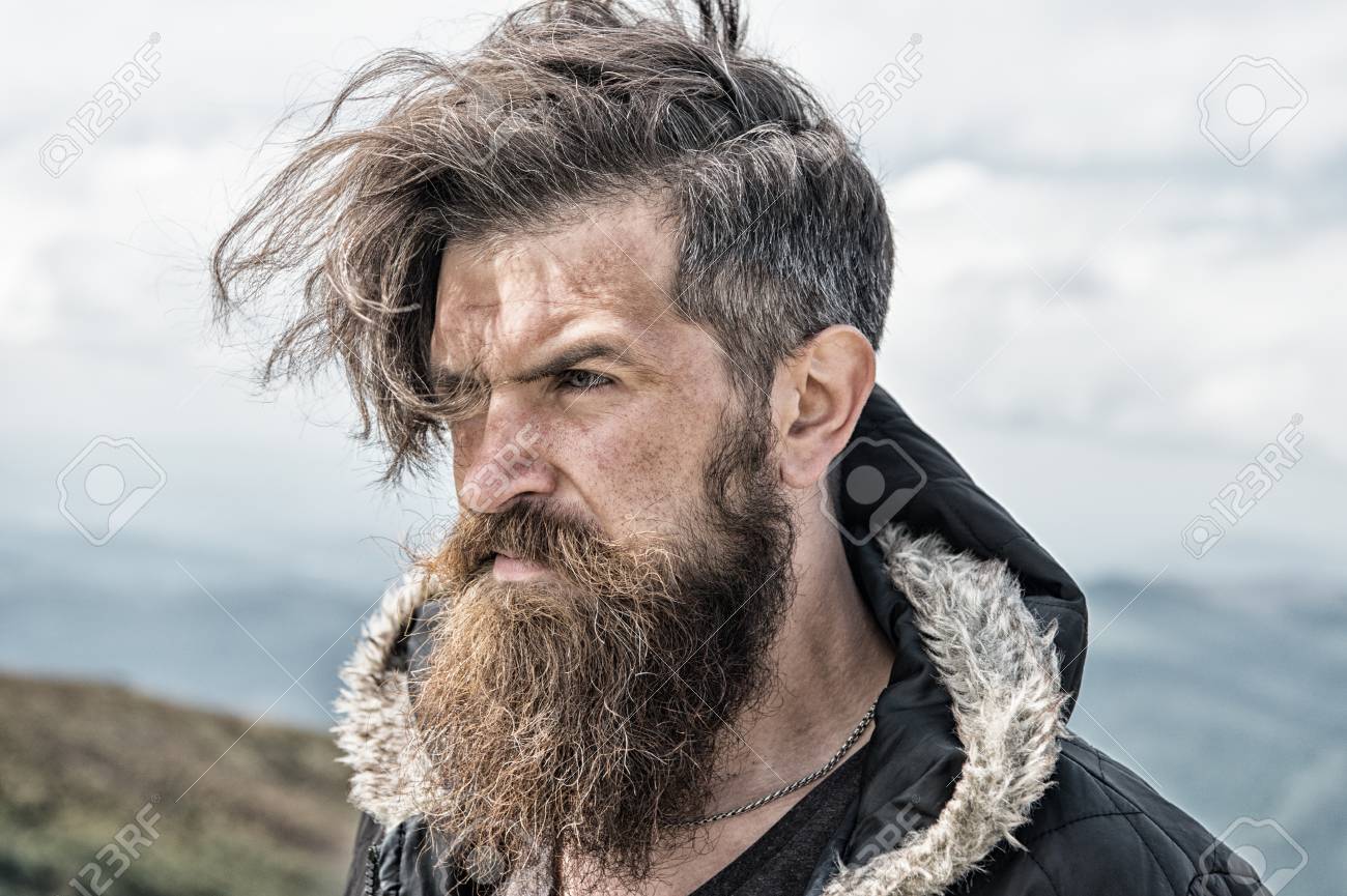 Hipster Bearded Man Long Beard Brutal Caucasian With Moustache