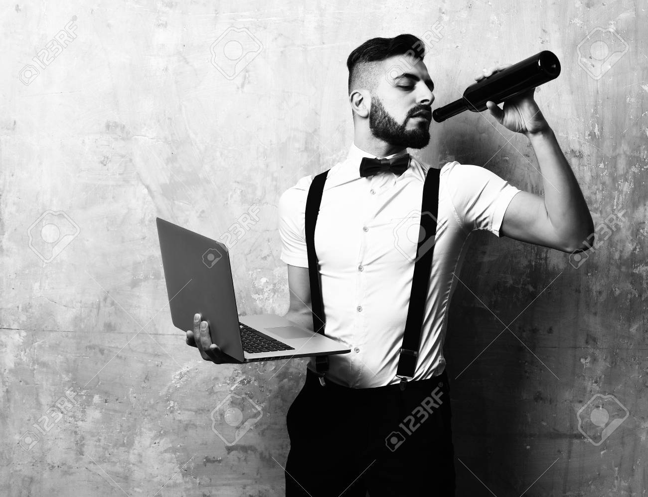 white button up shirt with suspenders