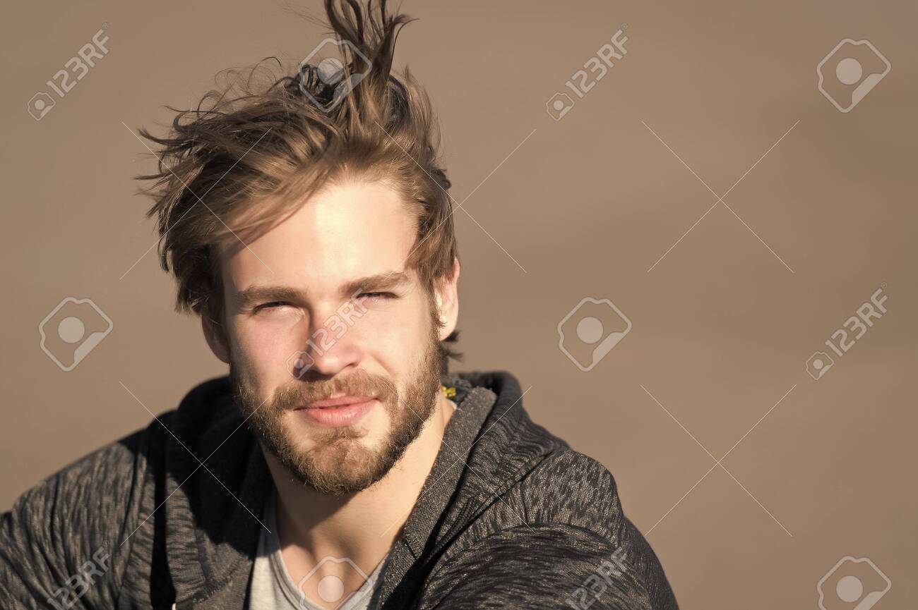 Fashion Guy With Stylish Haircut Bearded Man With Long Blond