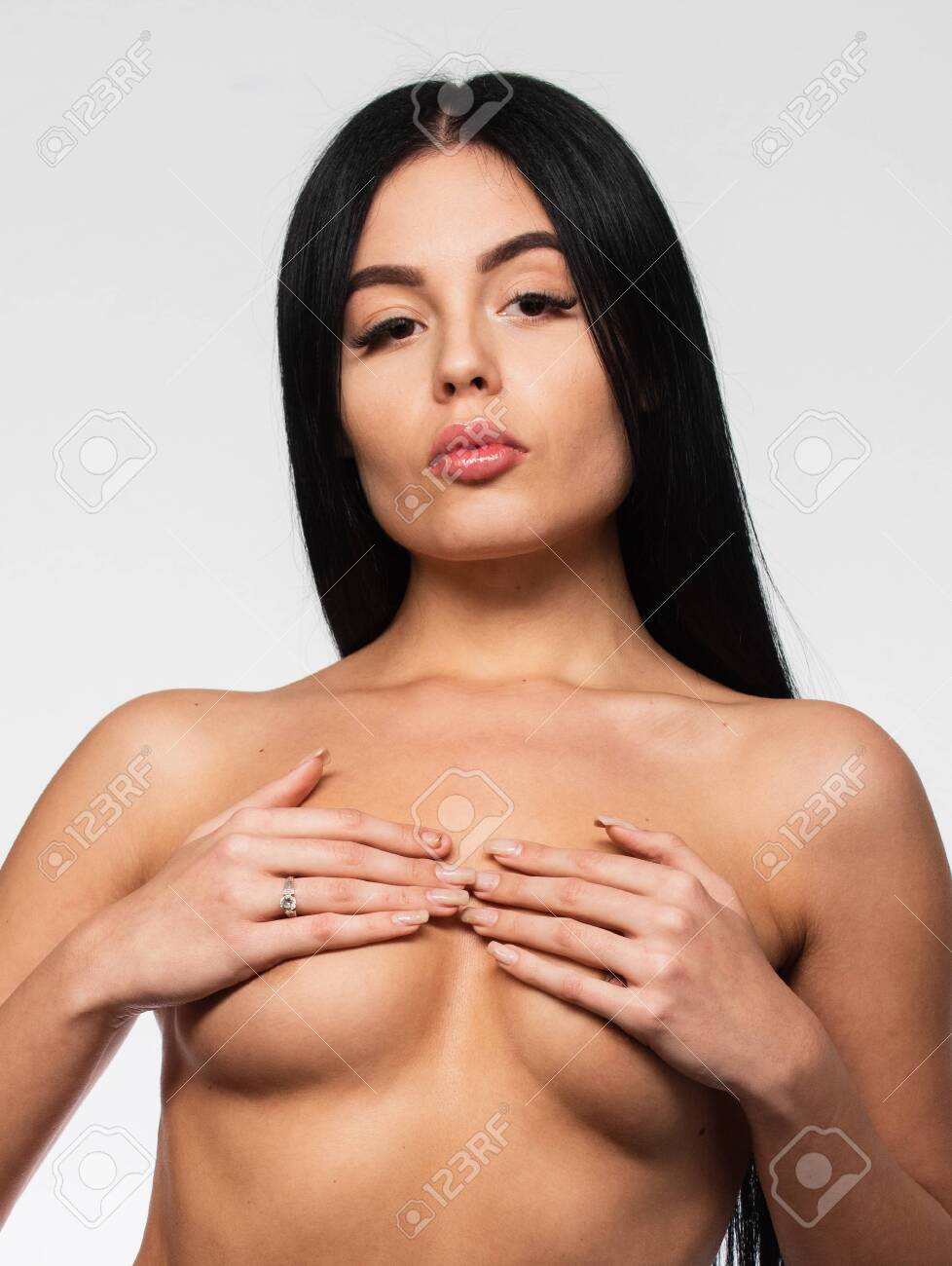 Sexy Woman Cover Bare Chest. Sensual Girl With Nude Body. Erotic