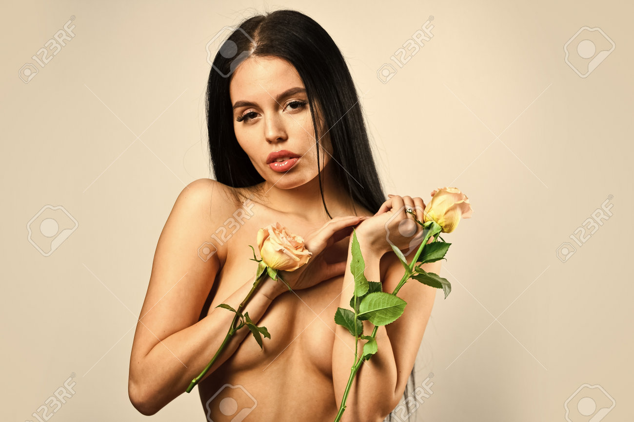 Wonderful Smell. Perfect Figure. Naked Woman With Rose. Flower Shop.  Fashion Art Photo Of Perfect Body Model. Girl With Make-up And Hairstyle.  Sexy Naked Woman Hold Rose Flower. Spring Lady Plant Stock