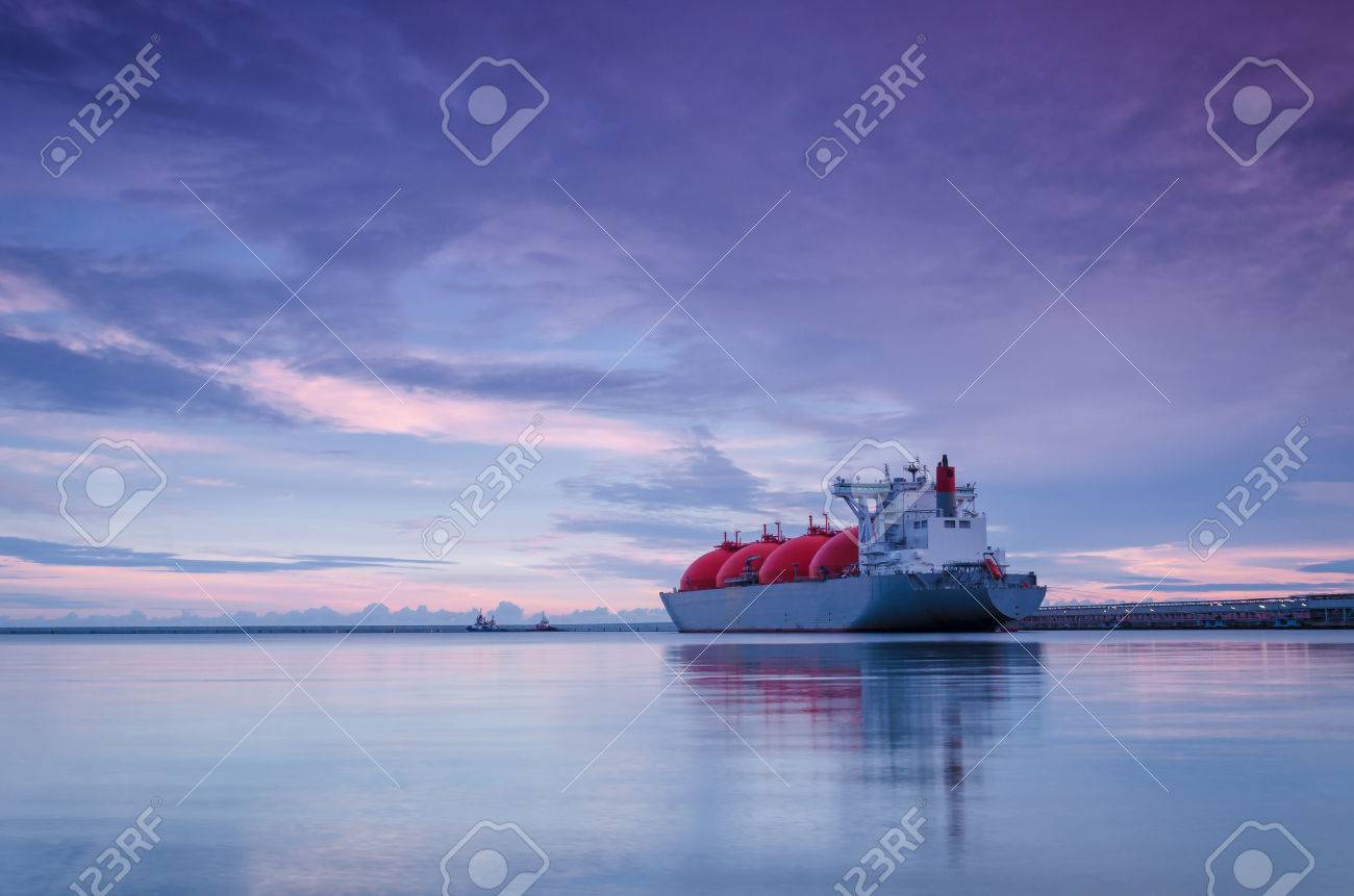 LNG TANKER - Sunrise over the sea gas terminal - 85806466 LNG TANKER - Sunrise over the sea gas terminal - 85806466