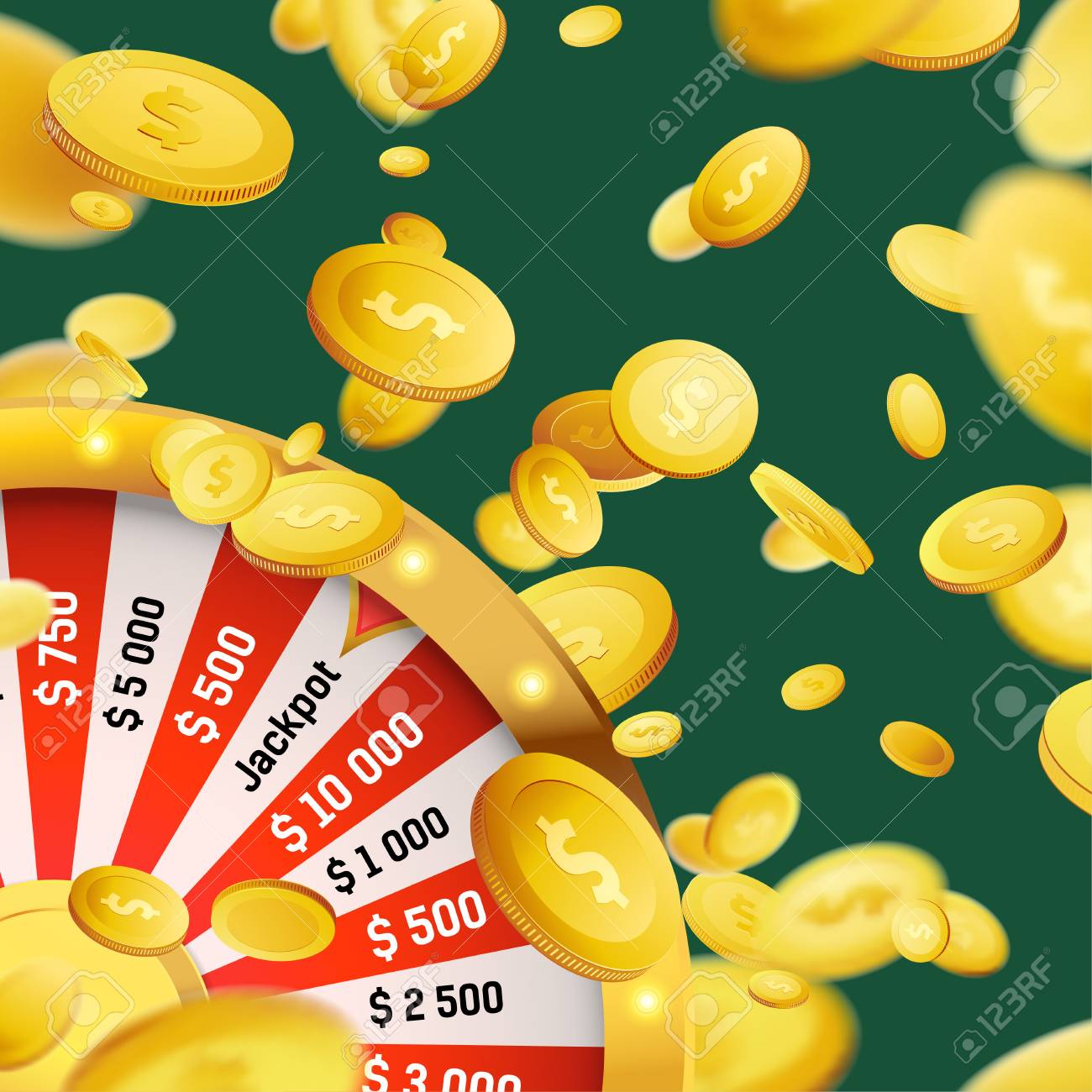 フォーチュンホイール百万ドルの賞金賞金が当たります オンラインウェブカジノの背景 コインレイン幸運と幸運ベクトルイラストのイラスト素材 ベクタ Image